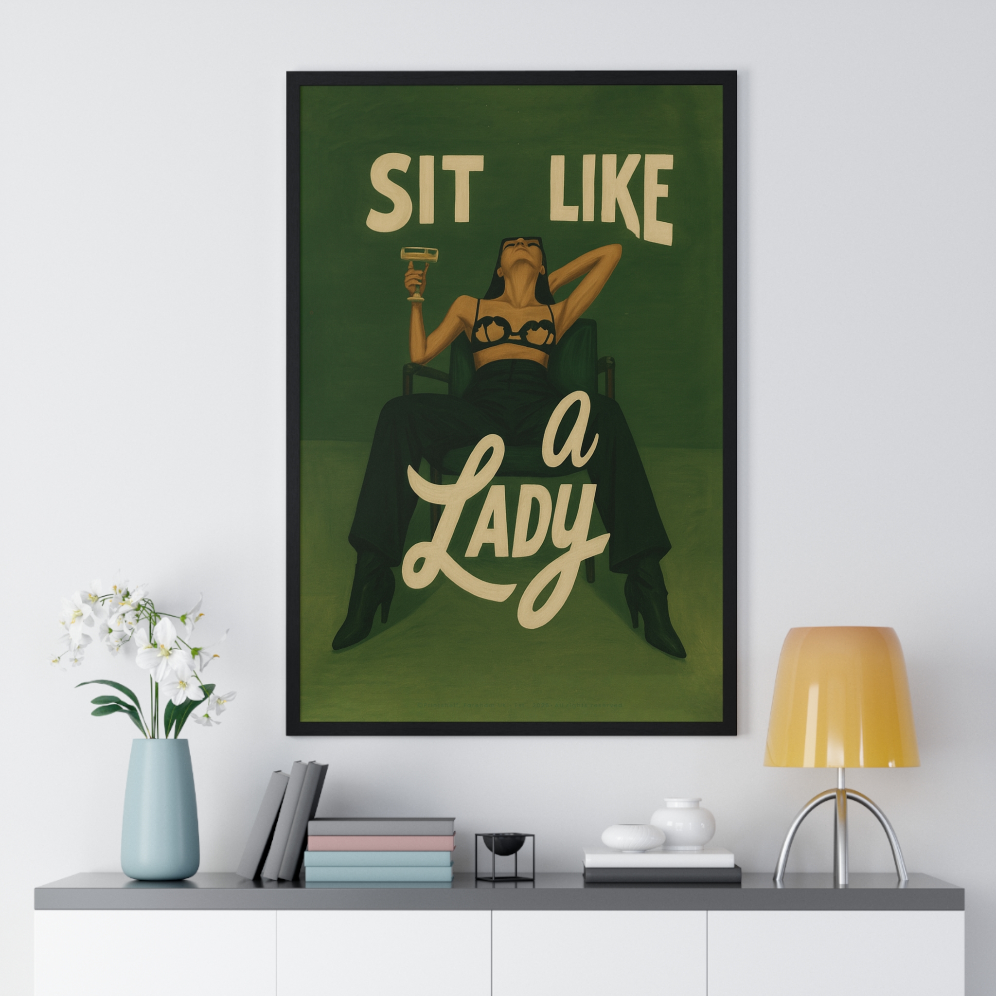 Framed Vertical Poster — “Sit Like a Lady” Vintage Pinup Art Print