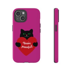 Phone Case — Cute Black Cat Holding Heart “You’re Purrfect” (Valentine’s Day Gift)