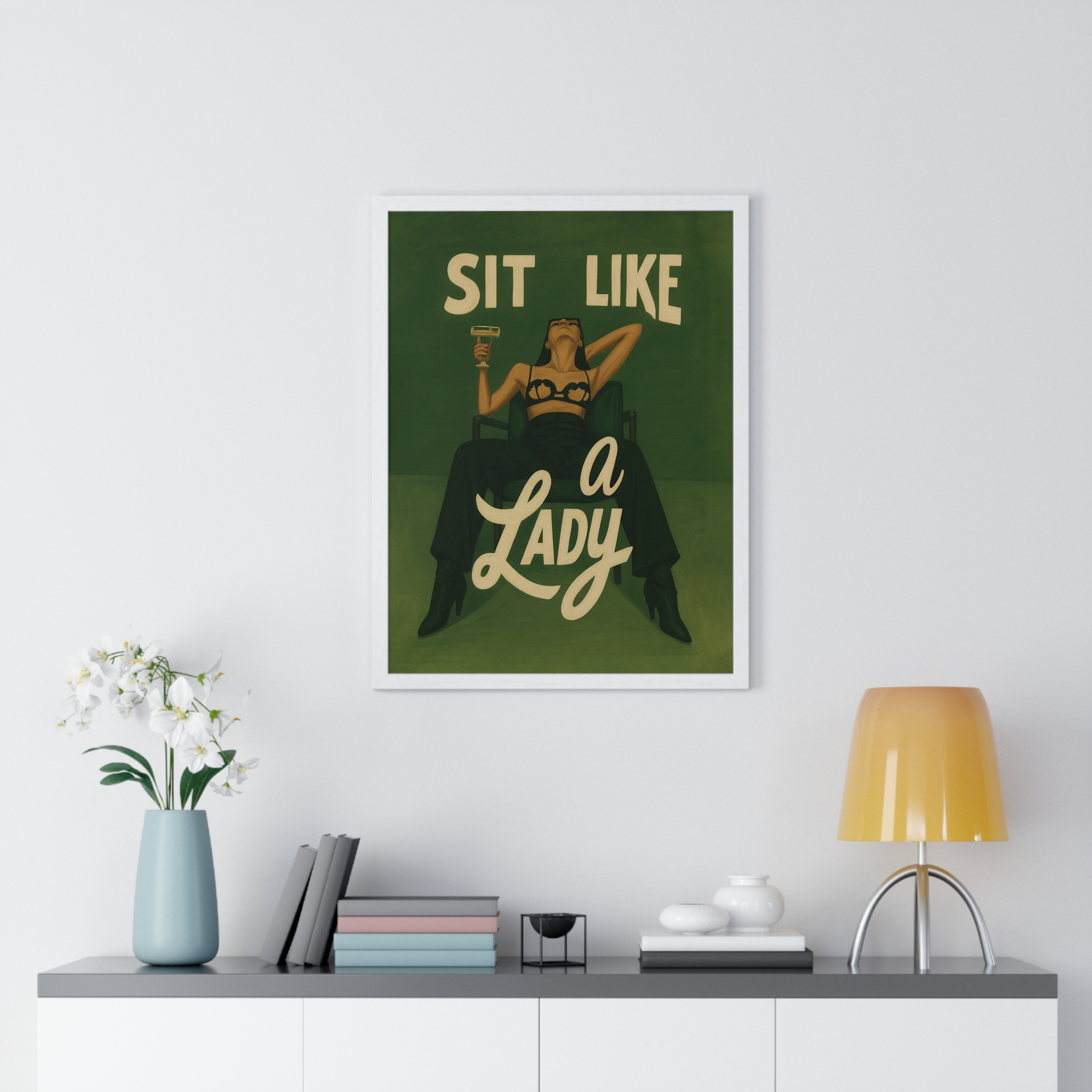 Framed Vertical Poster — “Sit Like a Lady” Vintage Pinup Art Print - Image 26