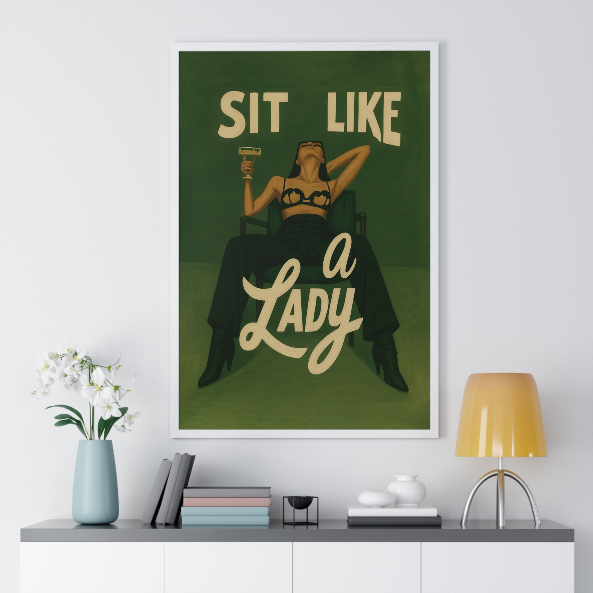 Framed Vertical Poster — “Sit Like a Lady” Vintage Pinup Art Print - Image 29