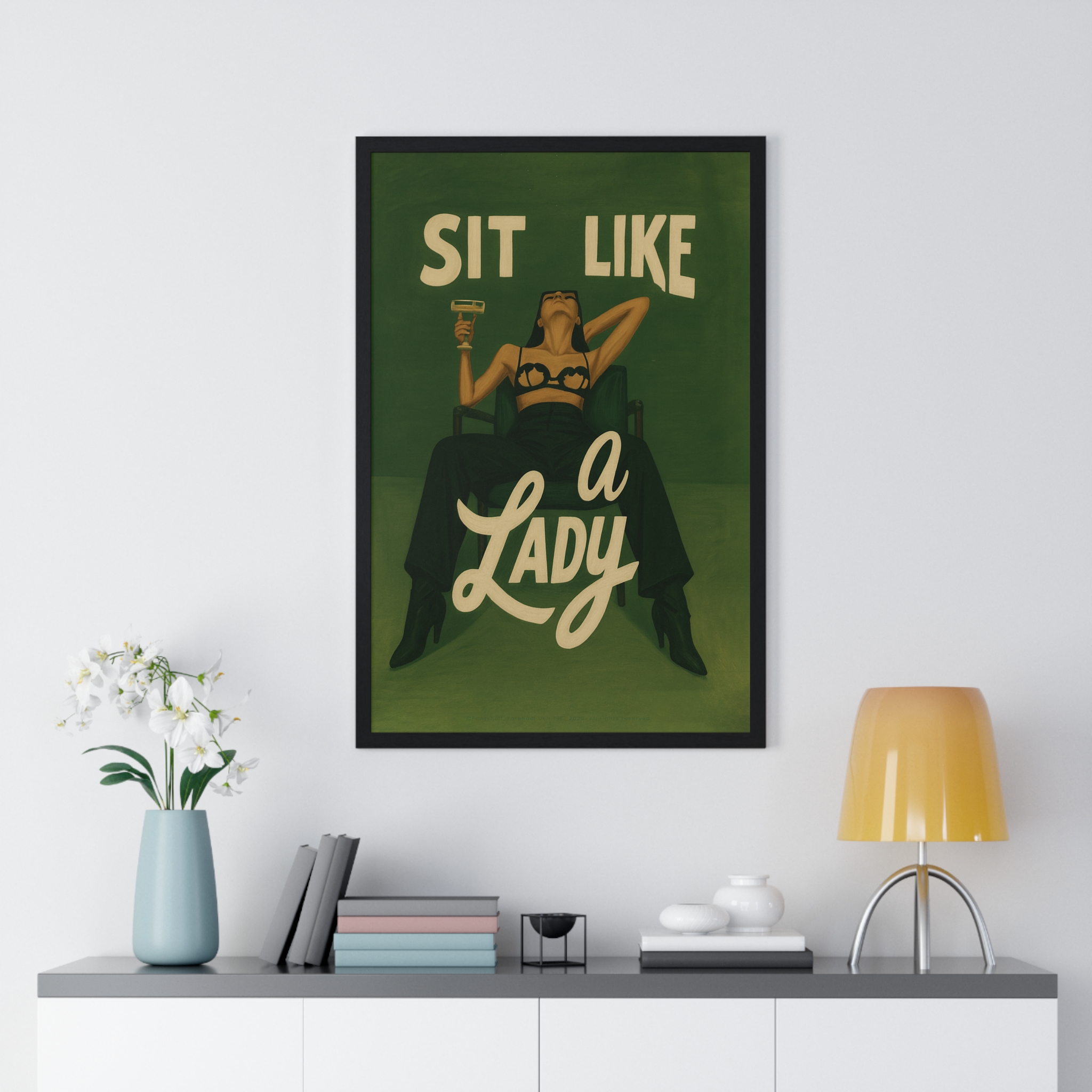 Framed Vertical Poster — “Sit Like a Lady” Vintage Pinup Art Print - Image 35