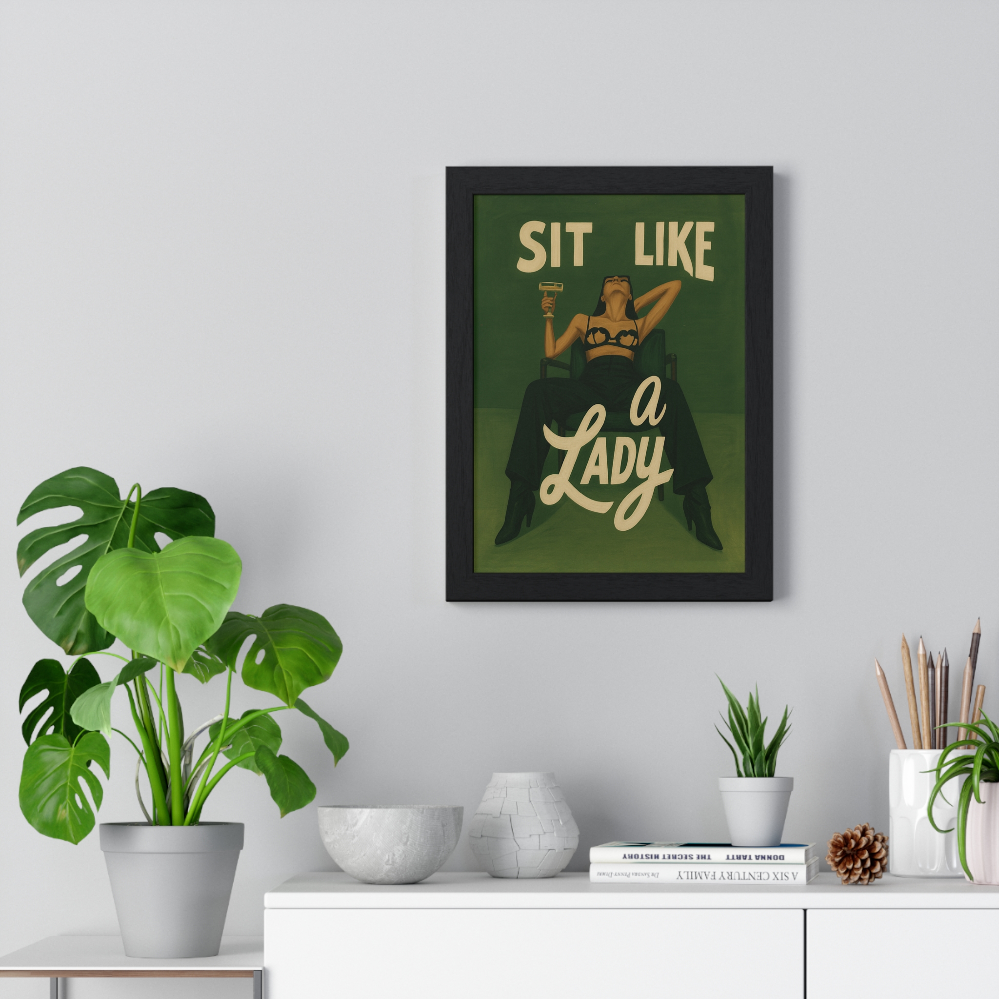 Framed Vertical Poster — “Sit Like a Lady” Vintage Pinup Art Print - Image 5