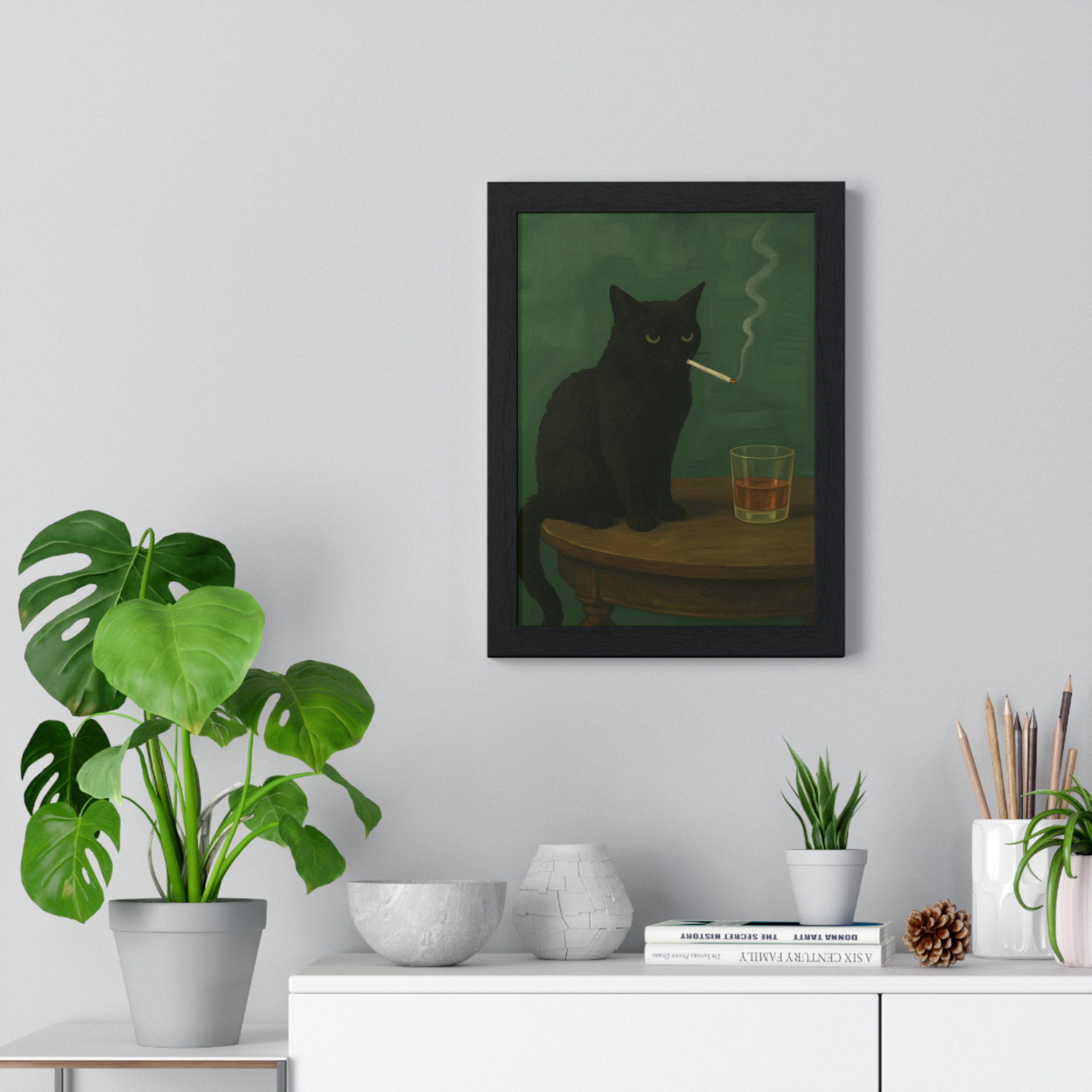 Framed Poster — Noir Cat with Whiskey & Cigarette Wall Art