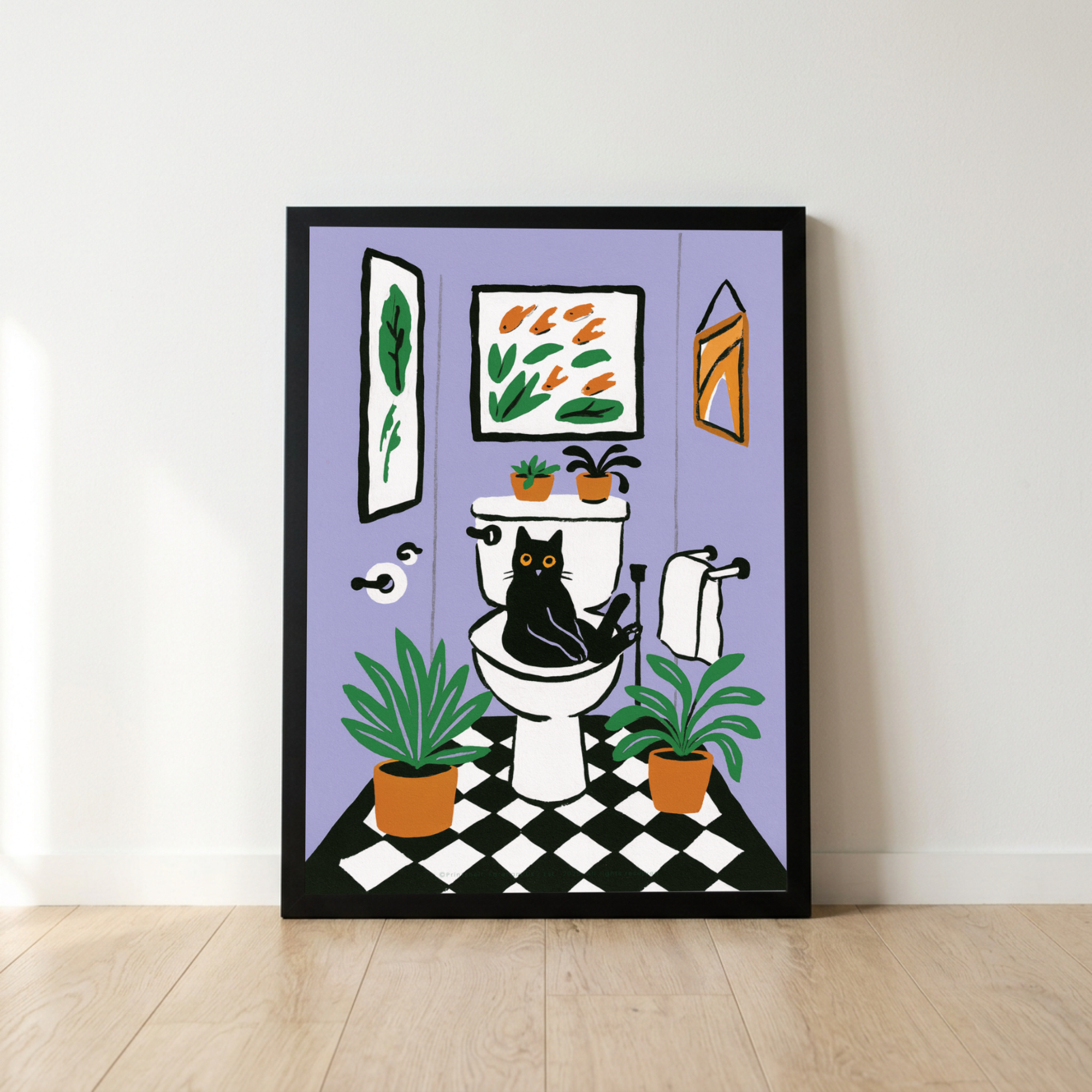 Black cat on toilet poster featuring a quirky black cat illustration sitting in a toilet surrounded by green plants against a lavender wall