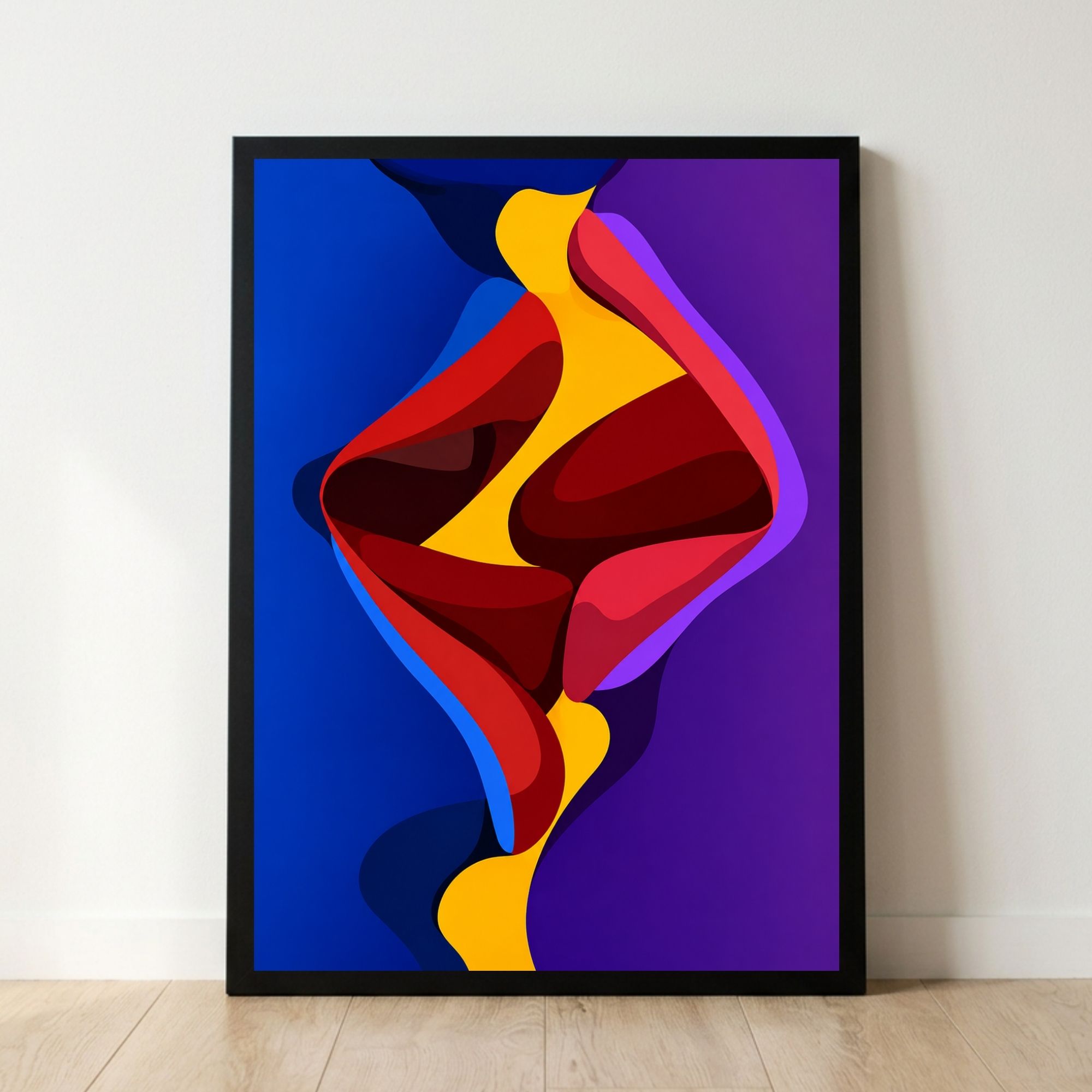 Vibrant-abstract-kissing-couple-art-print-in-a-black-frame-leaning-on-wall-video