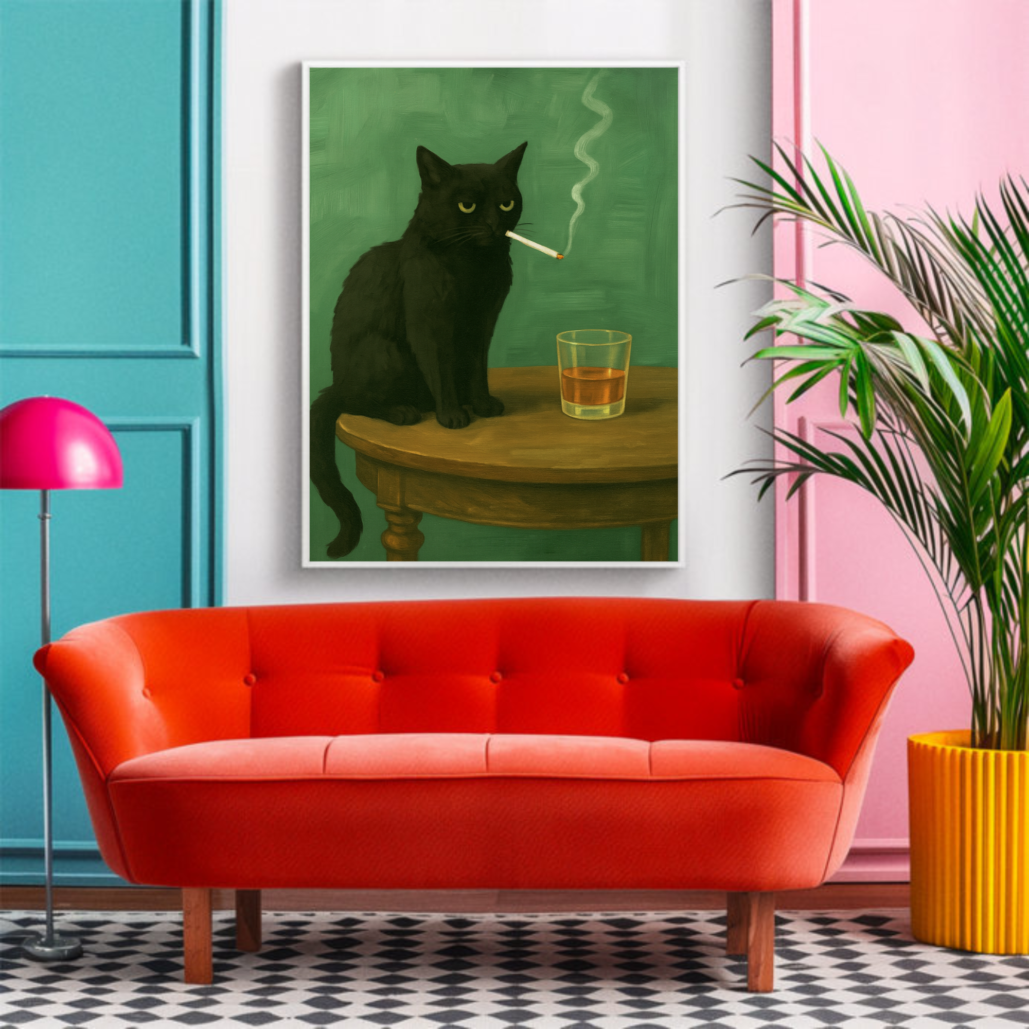 black-cat-smoking-and-drinking-whiskey-hanging-on-a-wall-over-a-red-bucket-couch