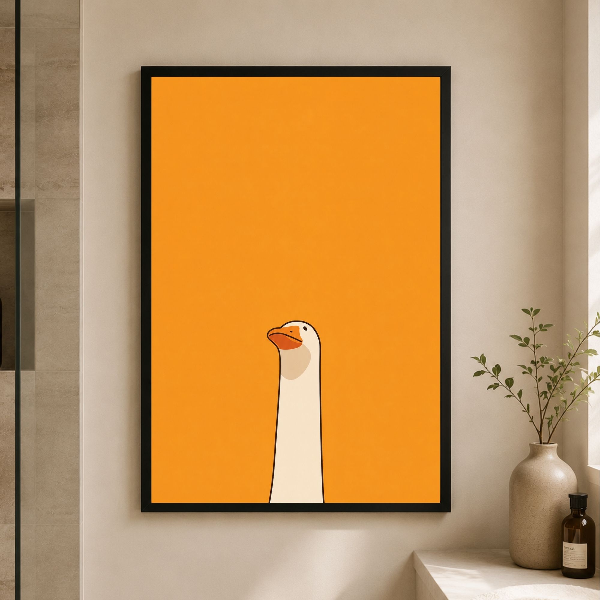bold funny goose poster in a black frame hanging in a modern minimal bathroom