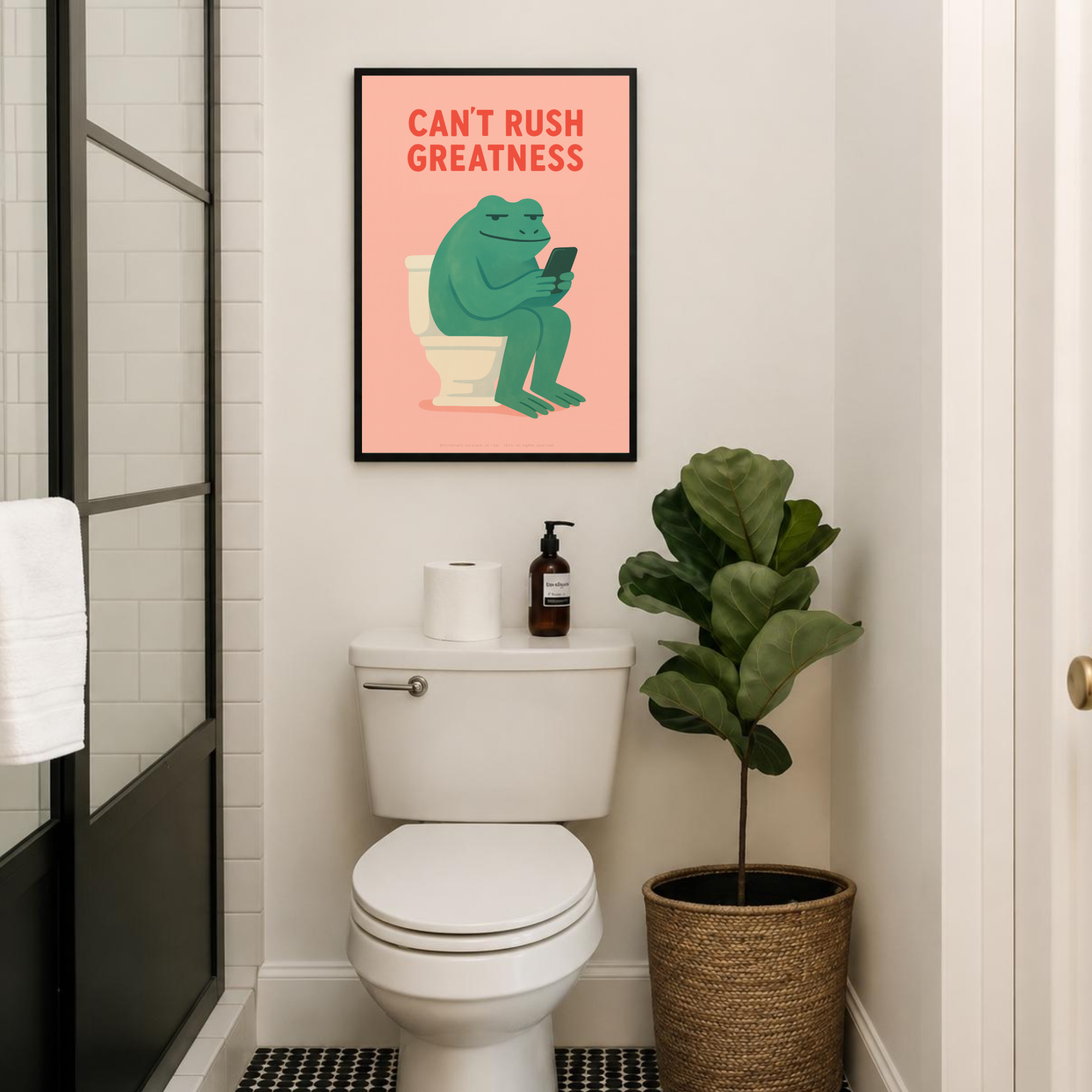 cant-rush-greatness-poster-of-a-green-frog-on-a-toilet-seat-holding-a-smartphone-pink-background-black-frame