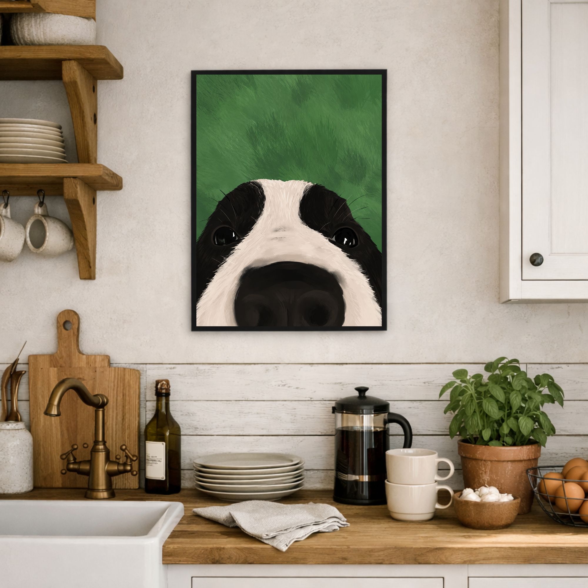 dog upclose art poster in a black frame hanging in a farmhouse kitchen