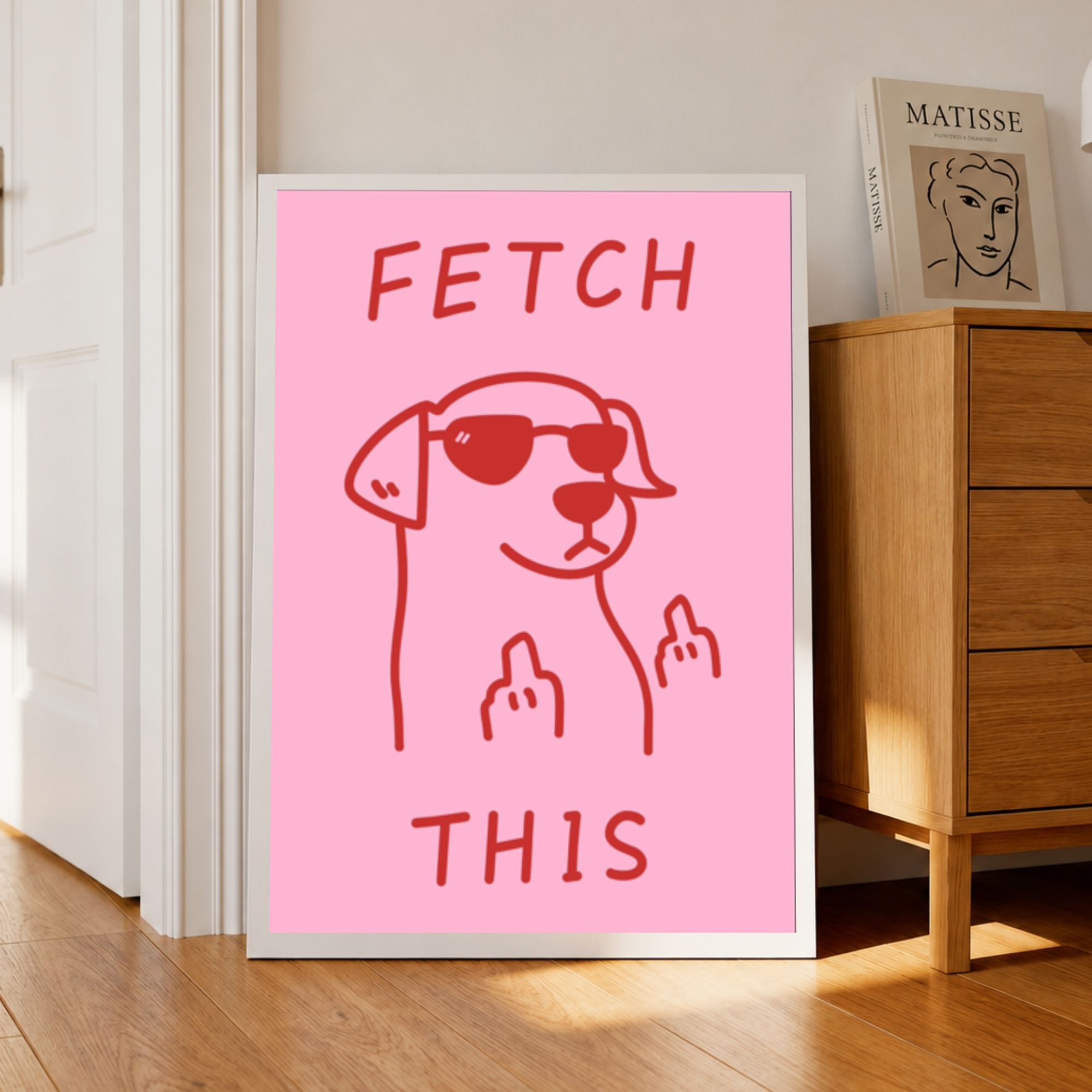 fetch this poster in white frame resting in a room corner