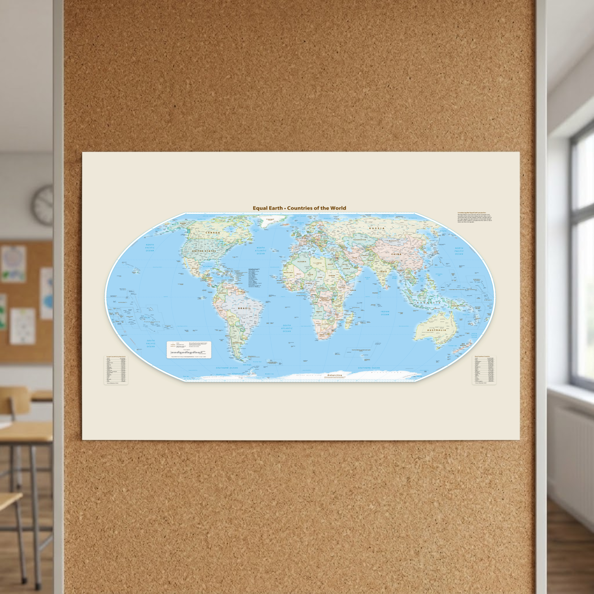 UPDATED WORLD MAP ON BROWN BOARD IN CLASSROOM