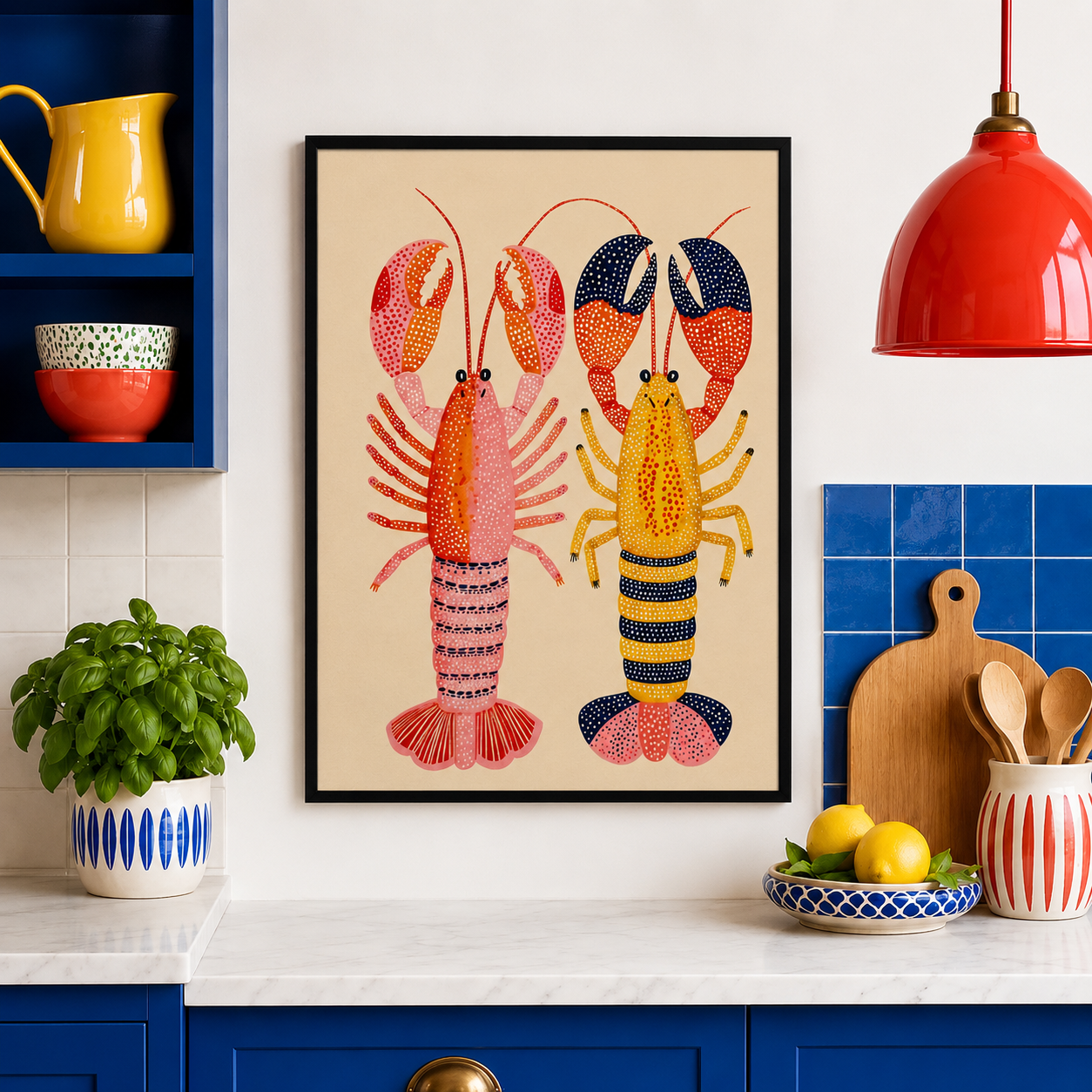 colorful lobster duo in a black frame hanging in a vibrant kitchen